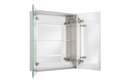 Vackert badrumsskåp med funktionell LED-belysning och inbyggda eluttag