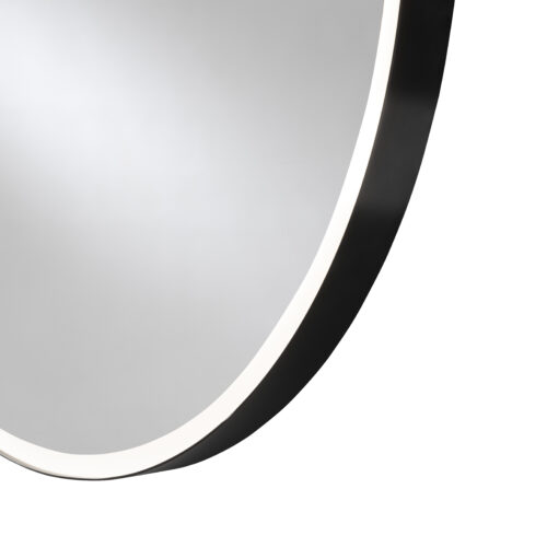 Detaljbild rund LED-spegel med svart metallram
