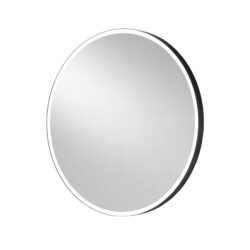 Rund LED-spegel med svart metallram och funktionell belysning