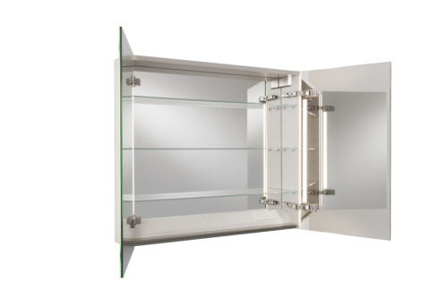 Elegant badrumsskåp med vertikal LED-belysning och inbyggda eluttag