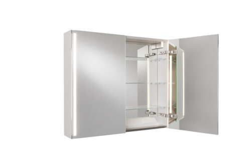 Elegant badrumsskåp med vertikal LED-belysning och inbyggda eluttag