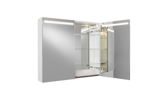 Badrumsskåp med horisontell LED-belysning och inbyggda eluttag