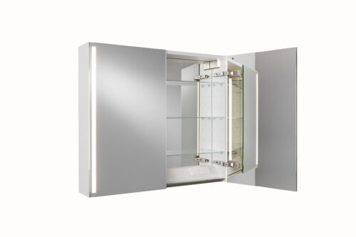 Badrumsskåp med vertikal LED-belysning och inbyggda eluttag