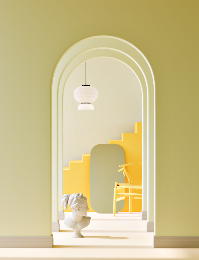 framless mirror axen arrangement yellow background